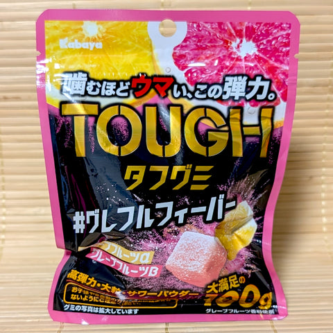A pack of Kabaya TOUGH gummies featuring a double variety of Grapefruit flavors (both pink and yellow.) Displayed on a tatami background.