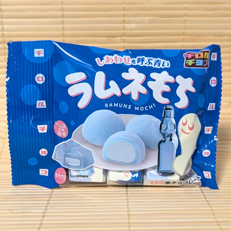 A bright blue bag of Tirol Ramune Mochi chocolates featuring a mochi gummy center and ramune soda flavor.