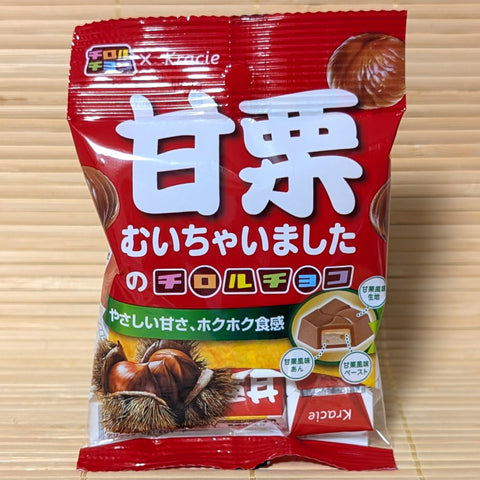 Tirol and Kracie collaboration of Chestnut chocolate. Package displayed on a tatami background.