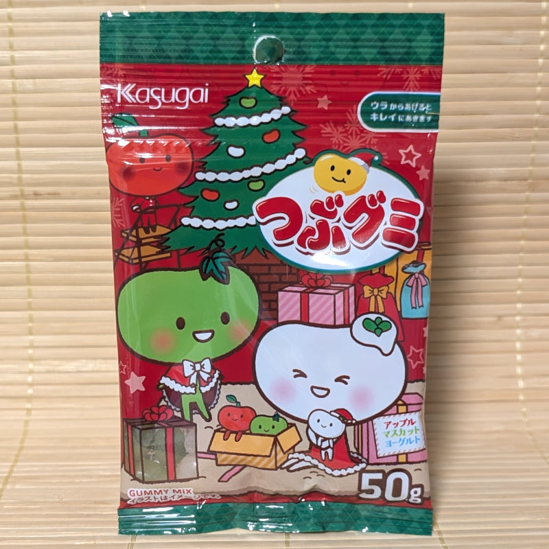 Kagugai Jelly Bean gummy mix package with Christmas-themed illustrations, displayed on a tatami surface